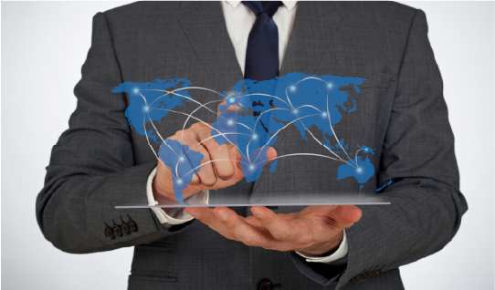 Businessman pointing at 3D global map