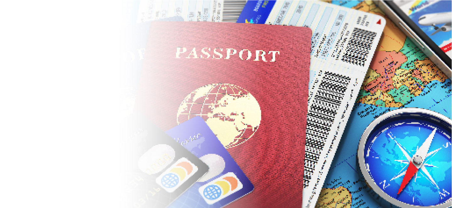 faded image showing passport compass and travel tickets