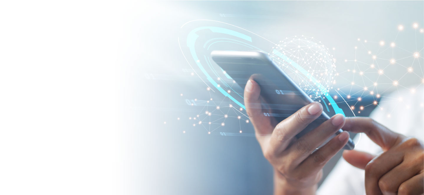 white half person holding phone with digital graphics around phone